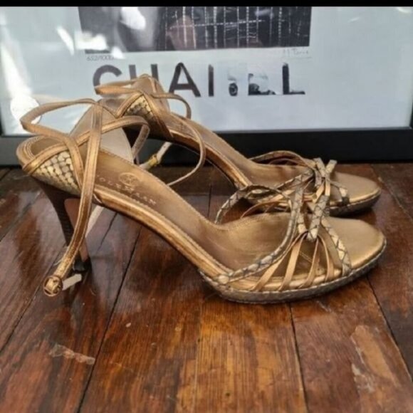 COLE Haan Bronze Black Metallic Strappy High Heels - Picture 2 of 12